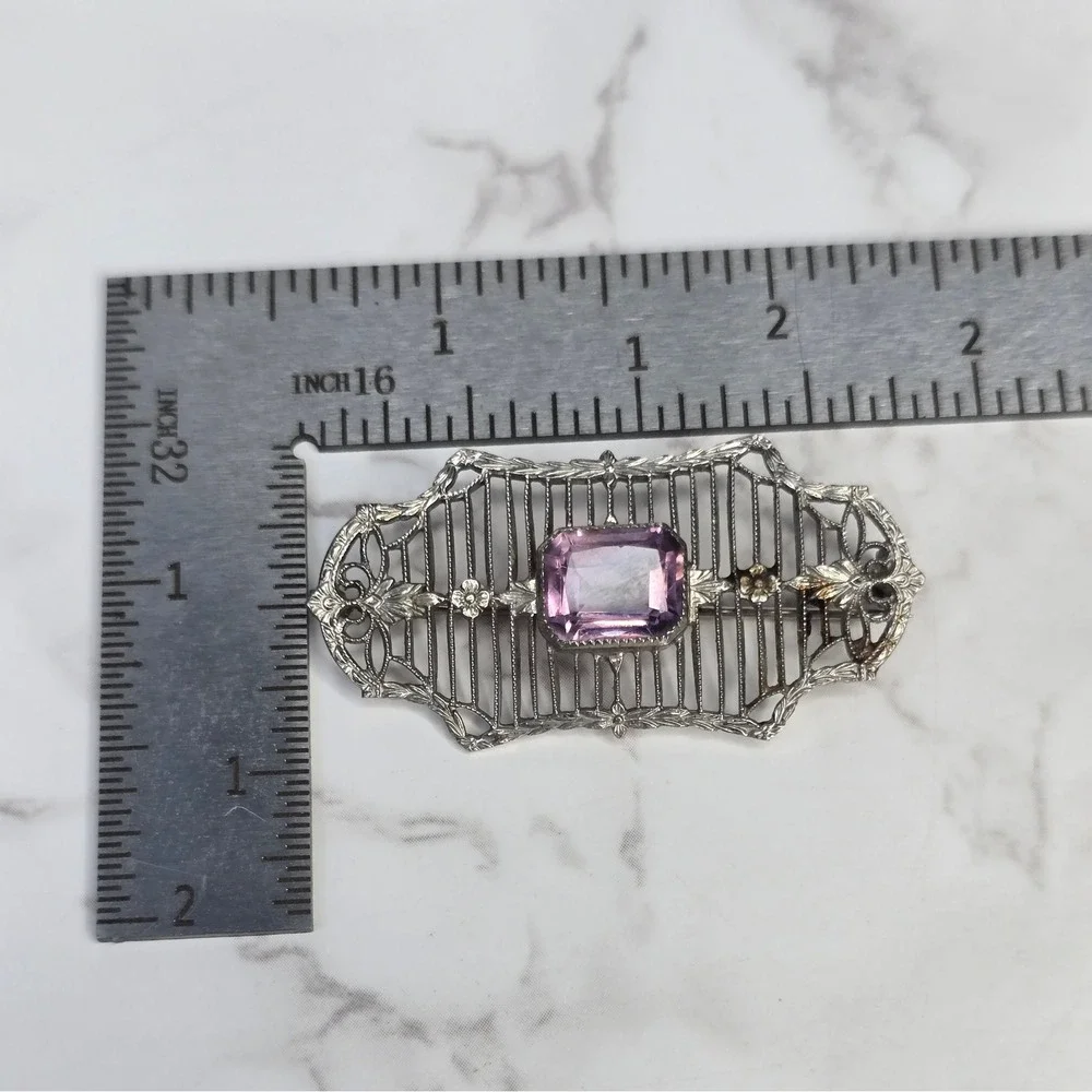 Antique Art Deco Sterling Silver Filigree Purple Crystal Bar Brooch CKB Pin 5.5g